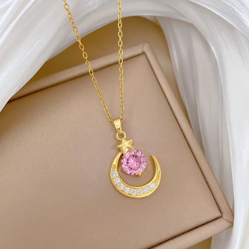 Pink Star Moon Pendant Necklace Gold Stainless Steel Women