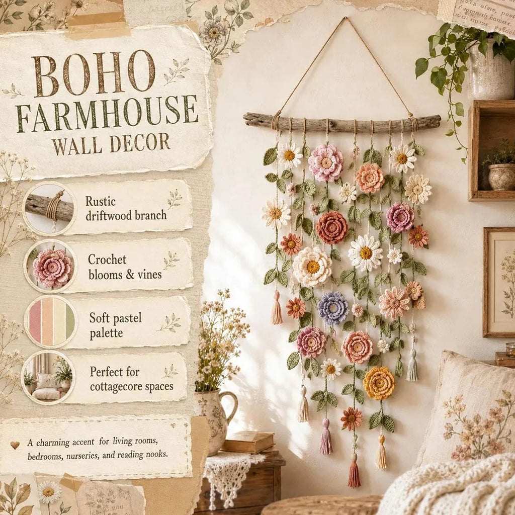 Boho Floral Crochet Macrame Wall Hanging – 32in Handmade Art Macrame Wall Hanging Nixie