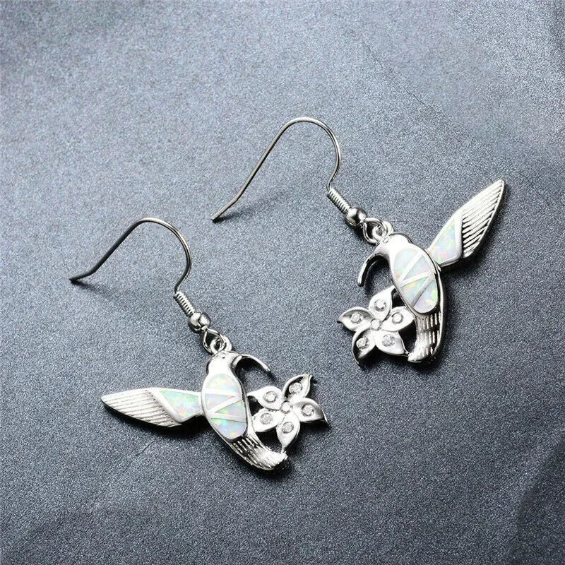 White Simulated Opal Bird Flower Crystal Stud Earrings Crystal Stud Earrings Nixie