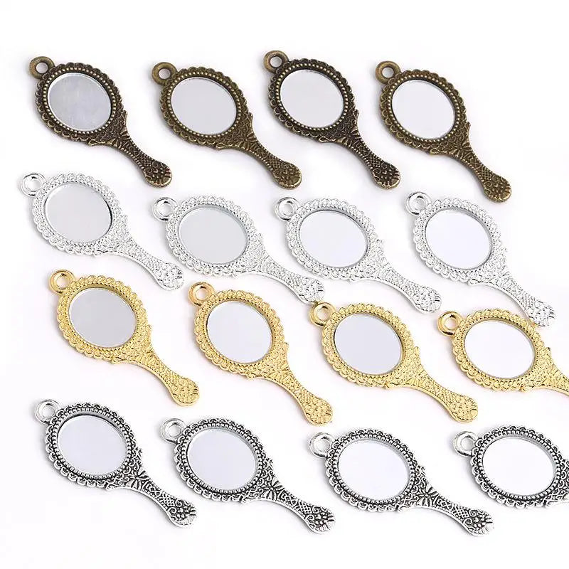 10PCS Antique Engraved Mini Mirror Charms – Retro Alloy Pendants DIY Jewelry Charms Nixie