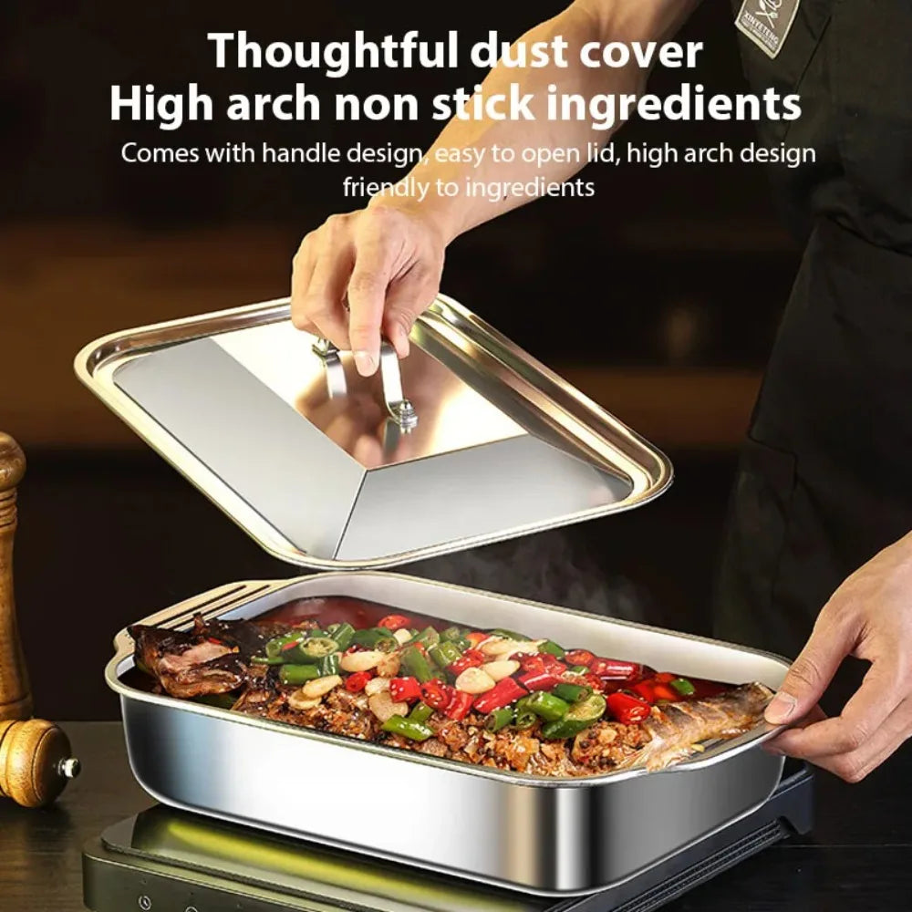 Stainless Steel Deep BBQ Baking Pan with Lid | Camping & Home BBQ Baking Pan Nixie