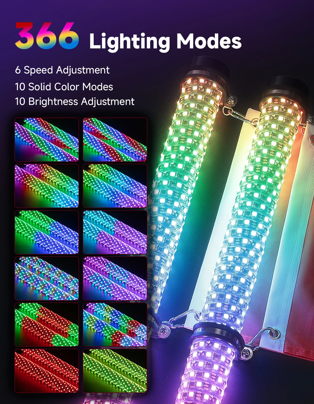 3FT RGB LED Whip Lights for UTV ATV – IP67, Brake & Turn Signal LED Whip Lights Nixie