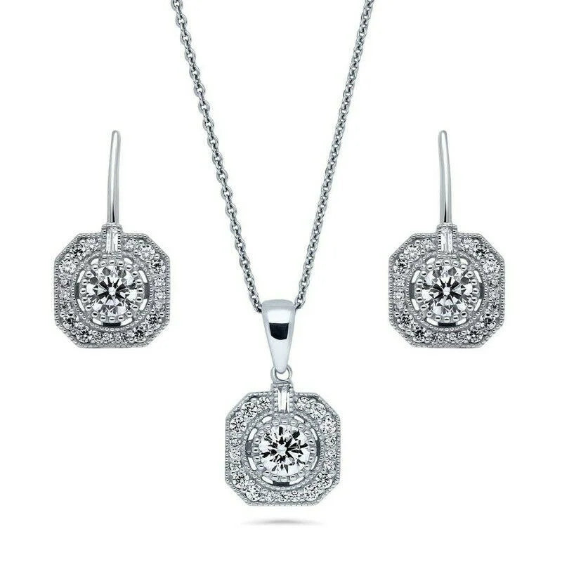 Princess Cut CZ Art Deco Necklace & Earrings Set | 3 Pcs CZ Jewelry Set Nixie Silver Plated