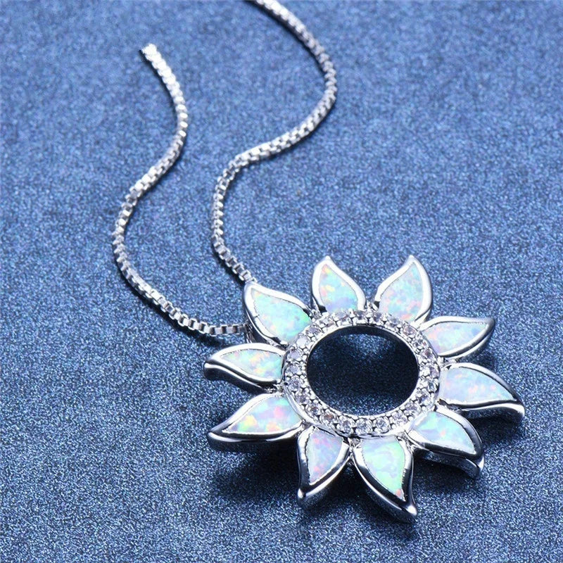 Retro Silver Sunflower Fire Opal Pendant Necklace | Rainbow Opal Pendant Necklace Nixie
