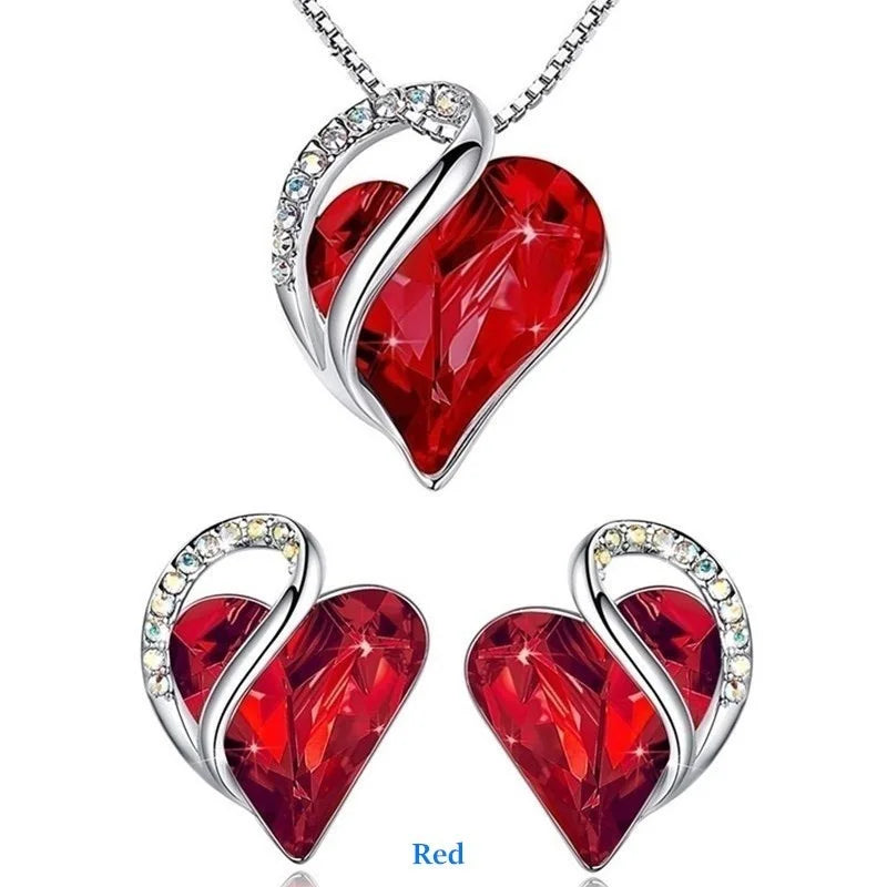 Silver Heart Crystal Earrings & Necklace Jewelry Set for Women Crystal Jewelry Set Nixie Red