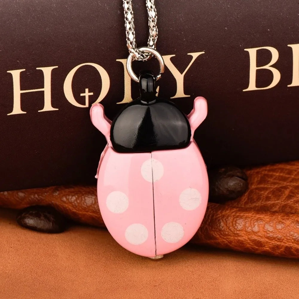 Cute Ladybug Pocket Watch with Chain – Quartz Beetle Design Pocket Watch Nixie Pink