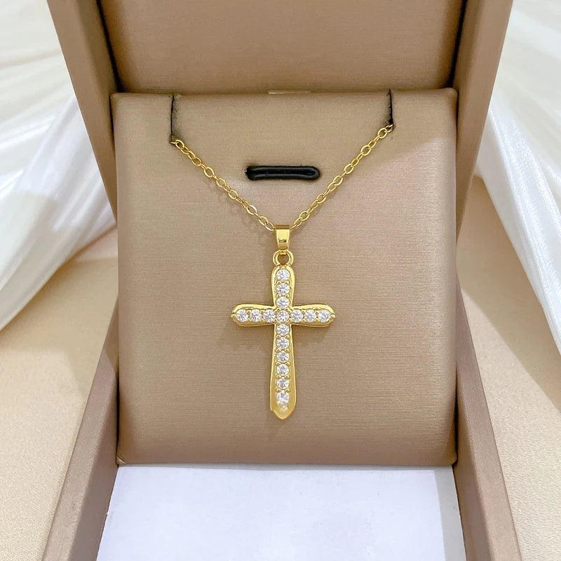 Women's Gold Cross Pendant Necklace – Stainless Steel & Zircon Cross Pendant Necklace Nixie