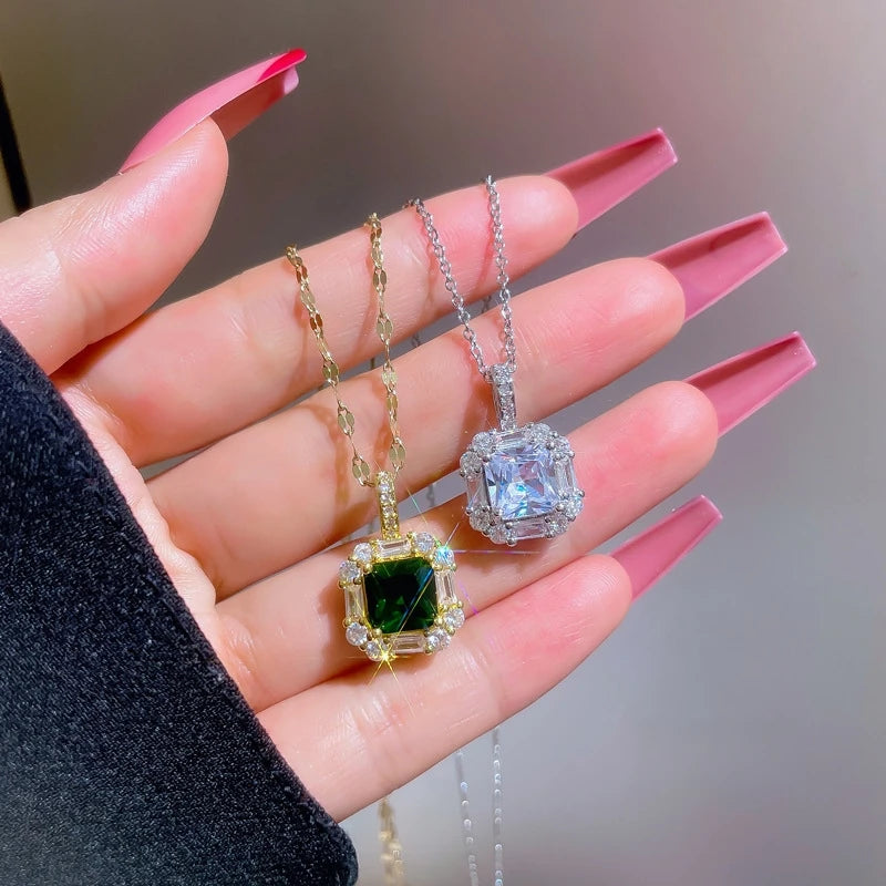 Square Zircon Emerald Pendant Necklace | Stainless Steel & Copper