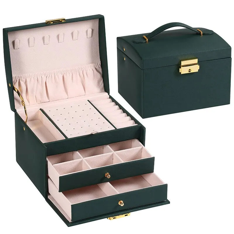 3-Layer Faux Leather Drawer Jewelry Box with Lock Jewelry Storage Box Nixie Green