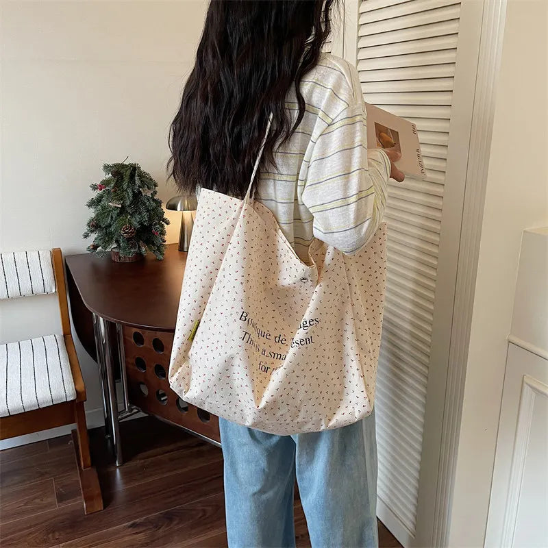 Floral Canvas Tote Bag – Large Women's Commuter Handbag Canvas Tote Bag Nixie Off-white