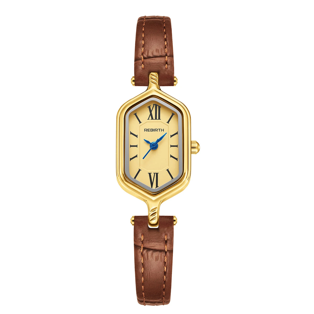 REBIRTH Retro Gold Women's Quartz Watch – Hexagonal Leather Strap Women's Quartz Watch Nixie Brown