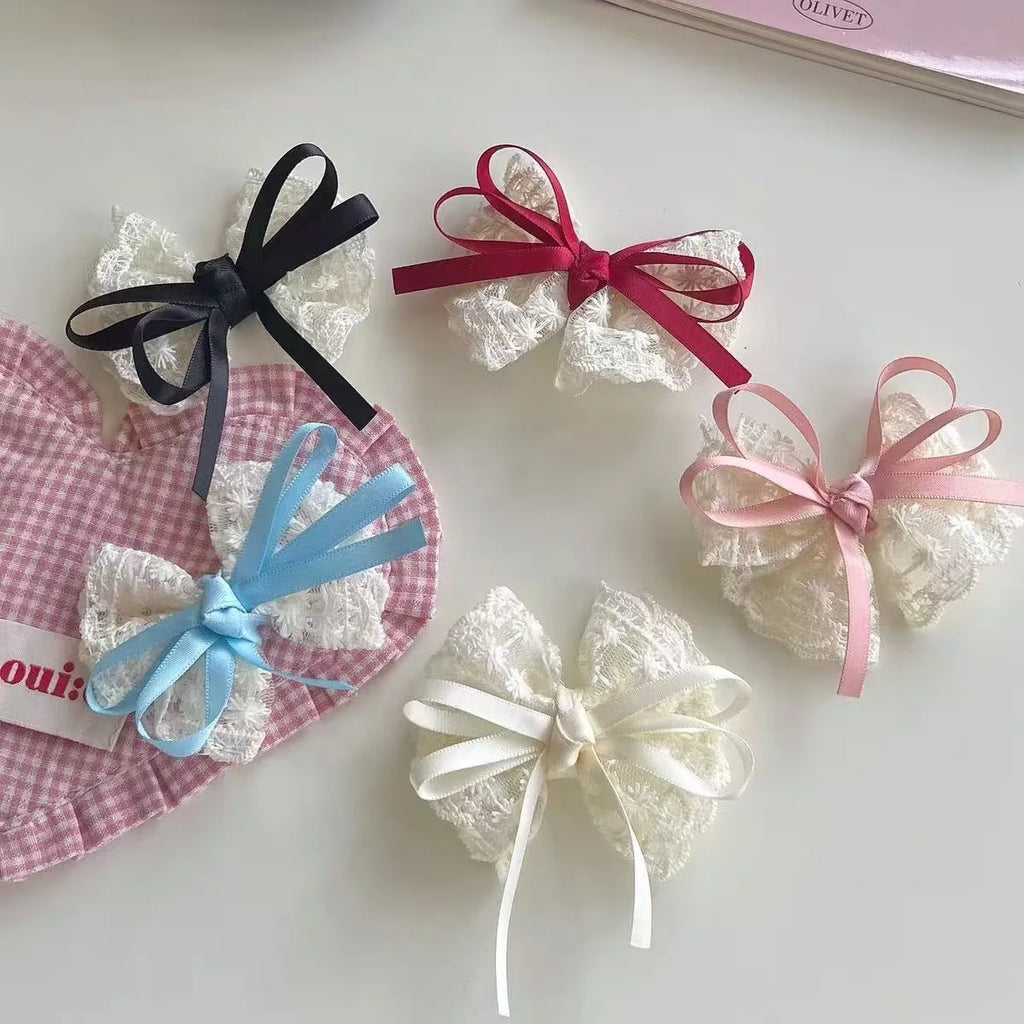 2Pcs Lace Bow Hairpins – Red Ribbon & White Floral Hair Clips Bow Hair Clips Nixie