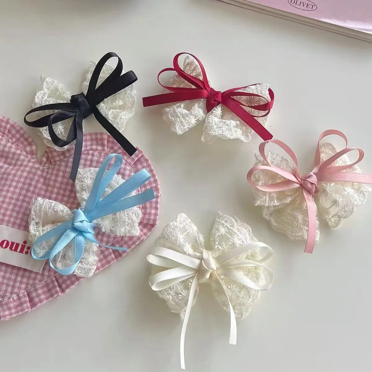 2Pcs Lace Bow Hairpins – Red Ribbon & White Floral Hair Clips Bow Hair Clips Nixie