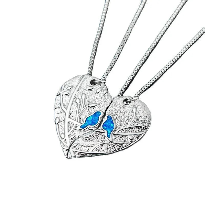 Silver Love Heart Puzzle Bird Opal Pendant Necklace | Wedding Pendant Necklace Nixie