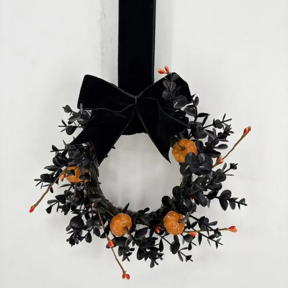 9-Inch Black Halloween Pumpkin Wreath with Velvet Bow Halloween Wreath Nixie