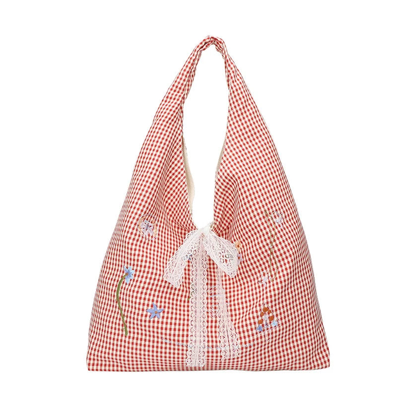 Women's Plaid Shoulder Bag with Embroidered Flowers | Large Shoulder Bag Nixie