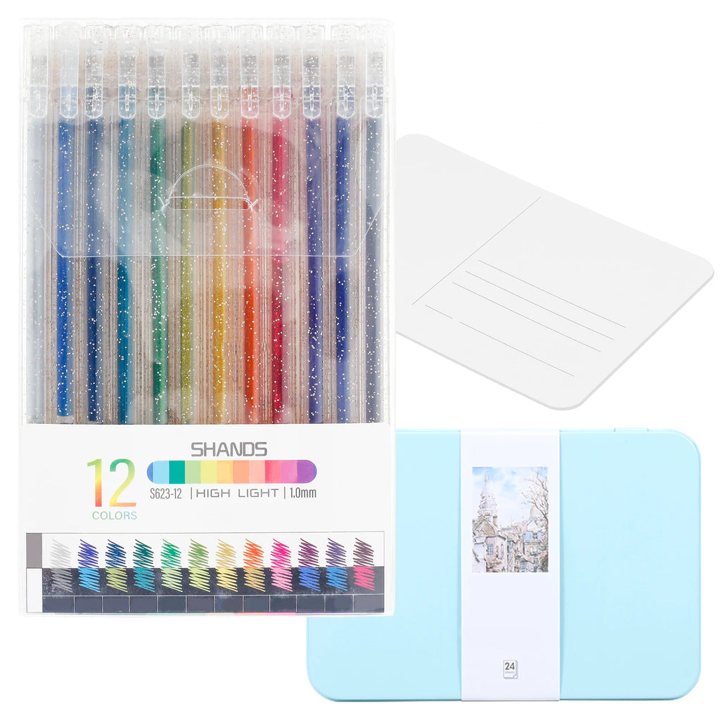 Metallic Gel Pens 12 Colors + 24 Watercolor Postcards Set Gel Pen Art Set Nixie Style 1