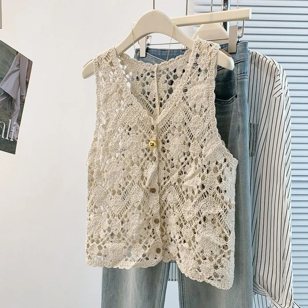 Boho Crochet Vest – Hollow-Out Sleeveless Cardigan for Women Crochet Cardigan Vest Nixie Beige One Size