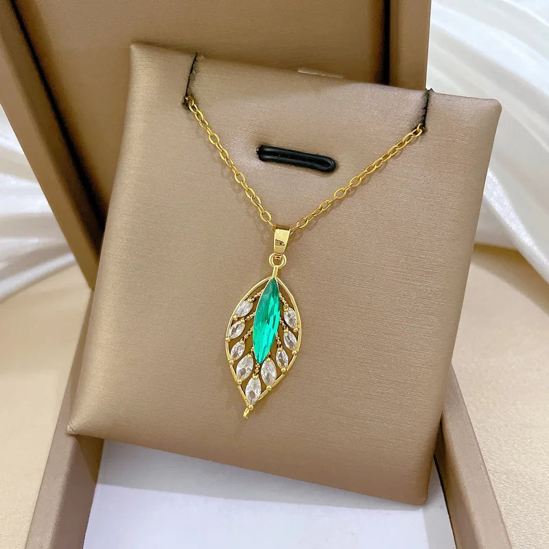 Blue Leaf Pendant Necklace – Gold Stainless Steel Clavicle Chain Pendant Necklace Nixie