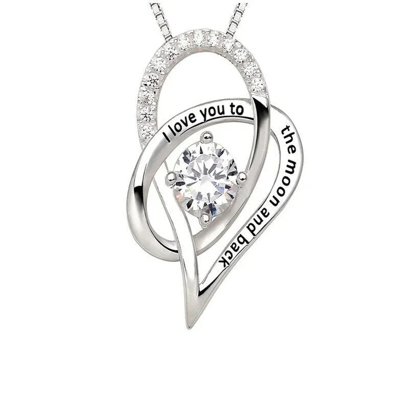 Silver "I Love You to the Moon" Heart CZ Pendant Necklace Pendant Necklace Nixie