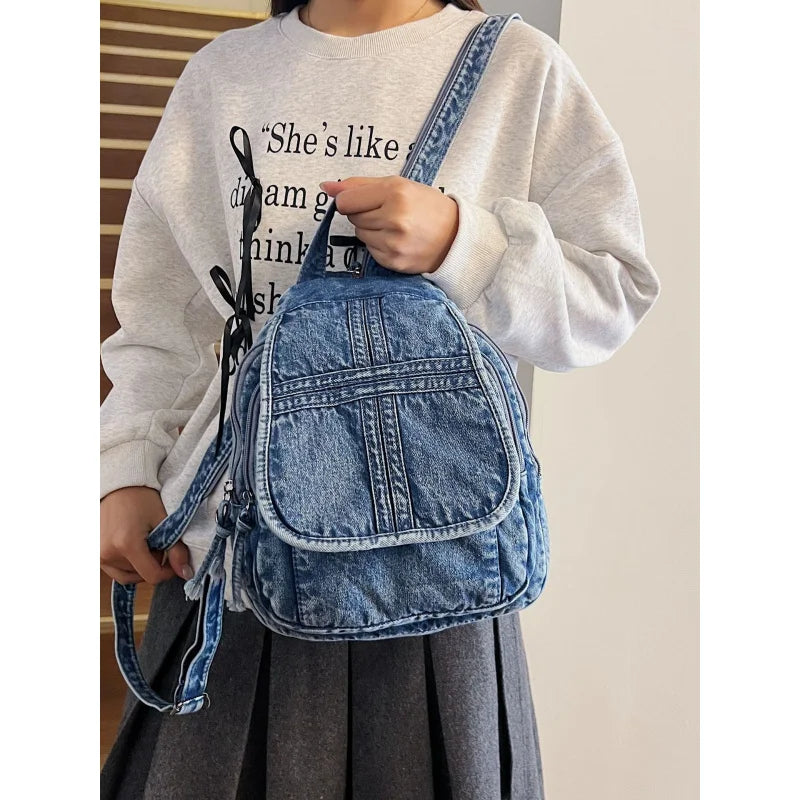 Vintage Washed Denim Backpack & Crossbody Shoulder Bag