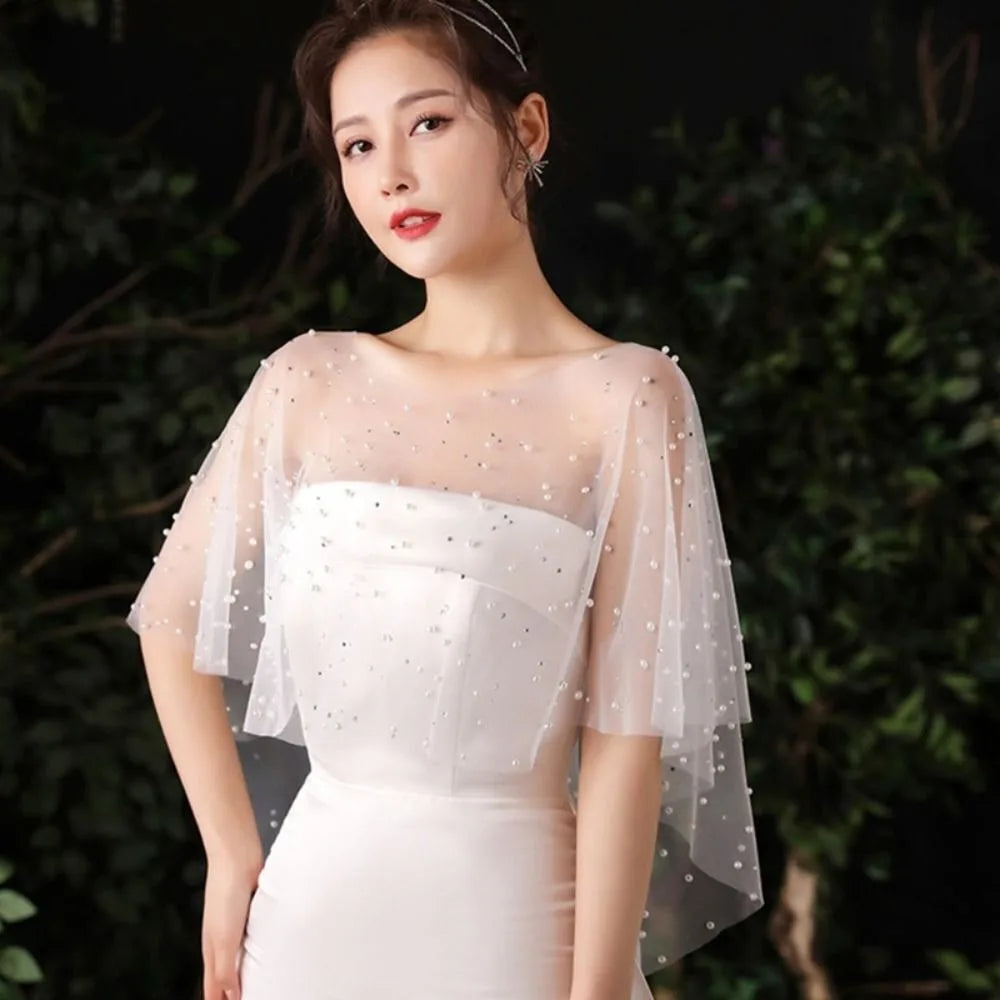 Lace Bridal Pearl Cape Shawl – Sheer Jewel Collar Wrap for Women Bridal Cape Shawl Nixie