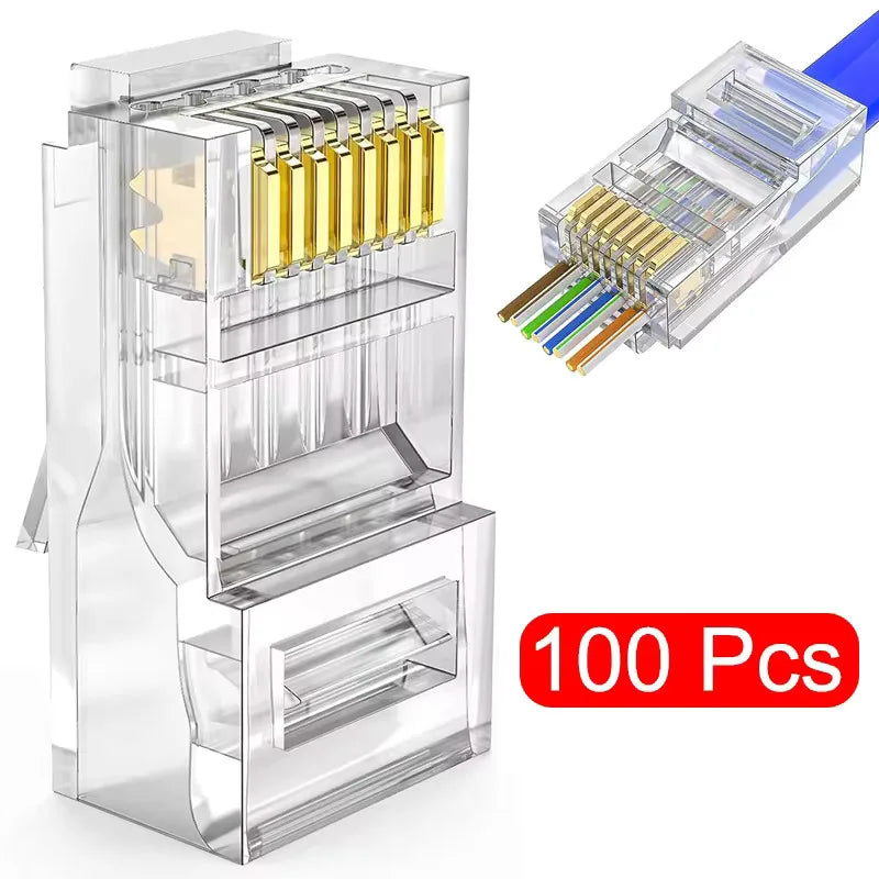 100Pcs RJ45 CAT6 CAT5e Pass-Through Connectors Gold-Plated 8P8C Network Crimp Connectors Nixie 100PCS
