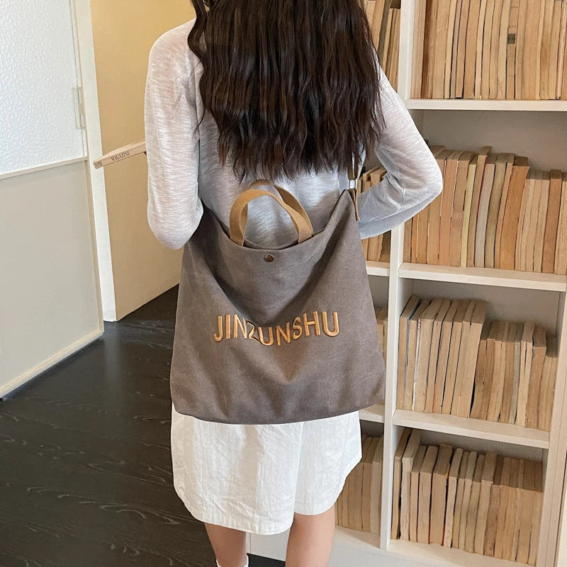 Women's Canvas Tote Bag Letter Embroidery Large Shoulder Bag Canvas Shoulder Bag Nixie