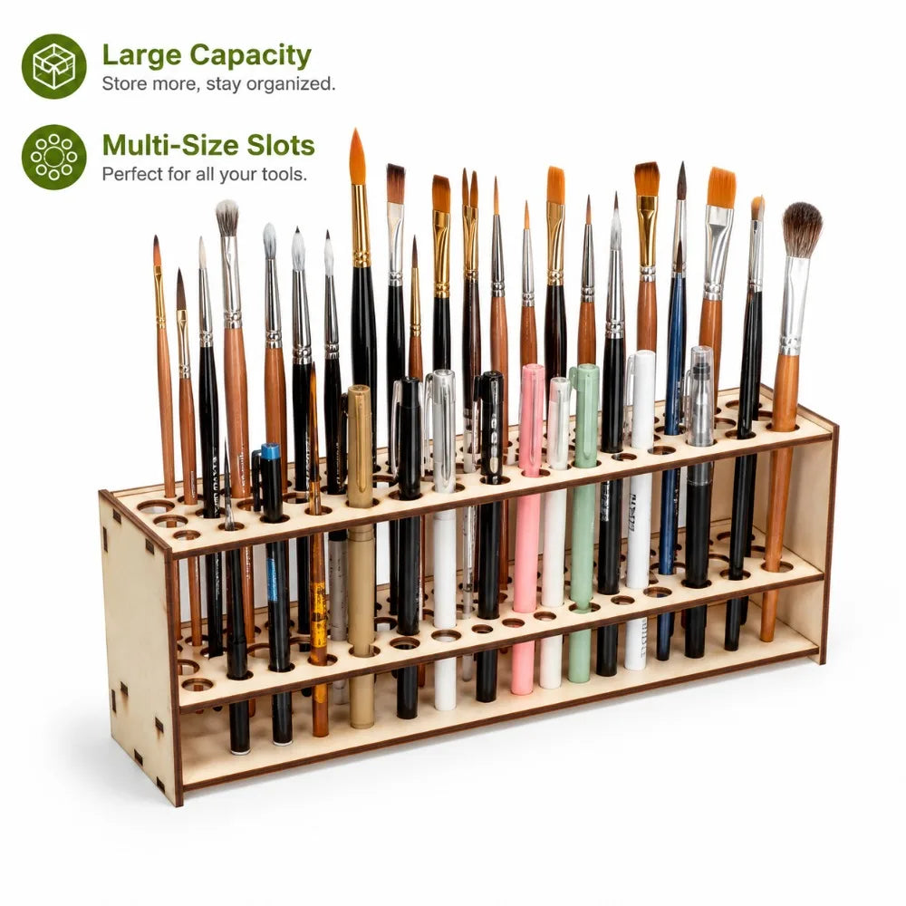 67-Slot Wooden Brush Holder – Double-Layer Desk Organizer Wooden Brush Holder Nixie Solid wood color