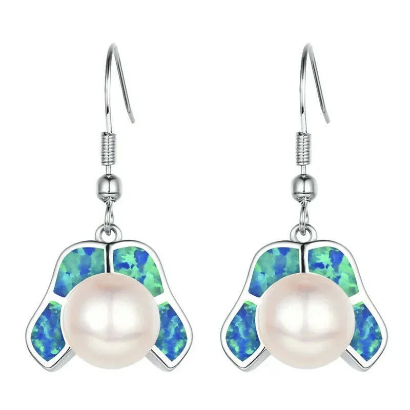 White Pearl Simulated Opal Silver Dangle Drop Earrings Dangle Drop Earrings Nixie