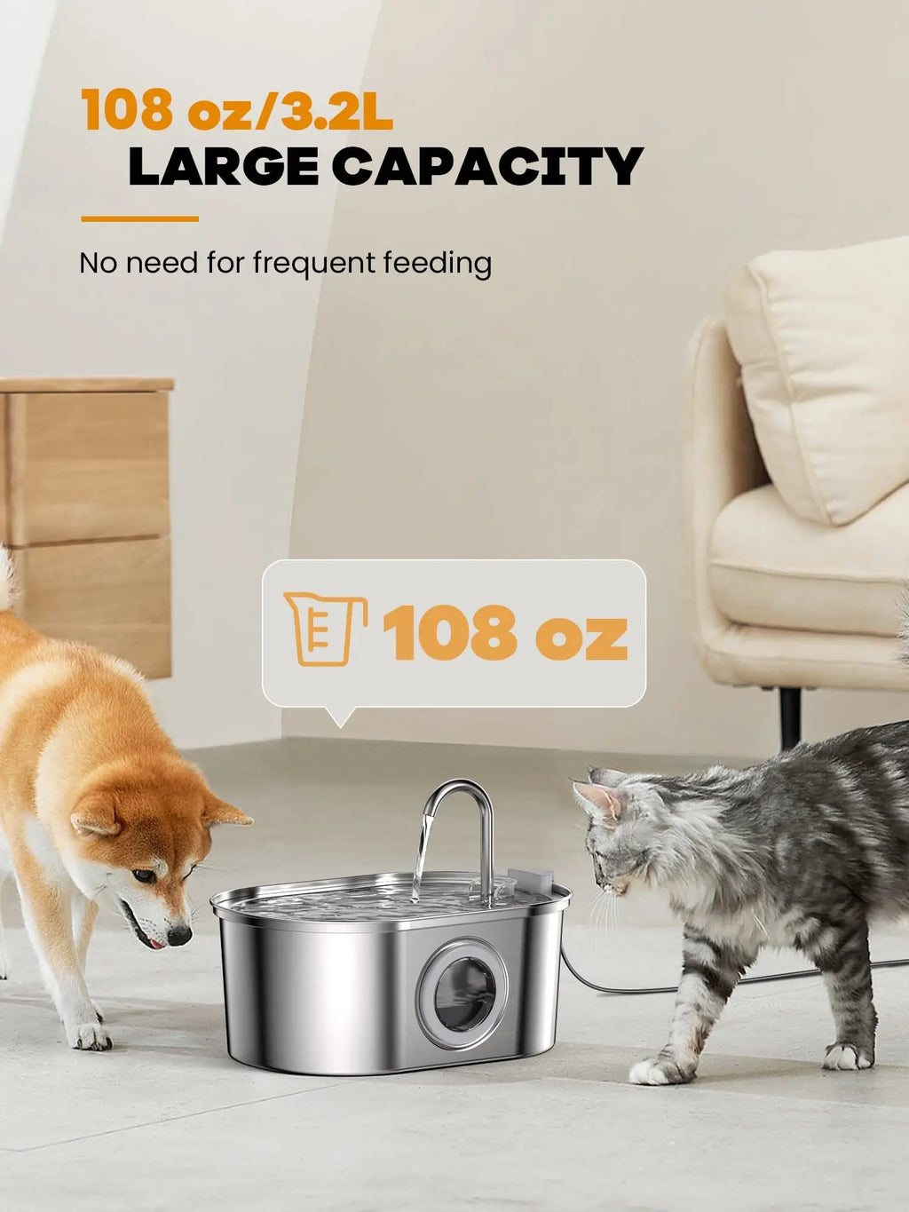 NautyPaws 3.2L Stainless Steel Cat & Dog Water Fountain Pet Water Fountain Nixie