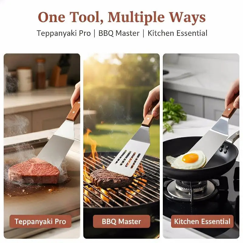 Stainless Steel BBQ Spatula & Grill Scraper Wood Handle BBQ Spatula Nixie