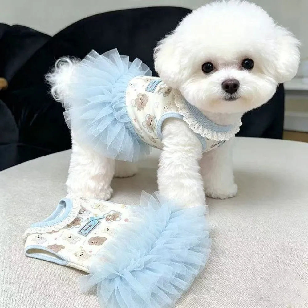 Cute Summer Princess Dress for Small Dogs – Blue Puppy Pattern Dog Dress Nixie