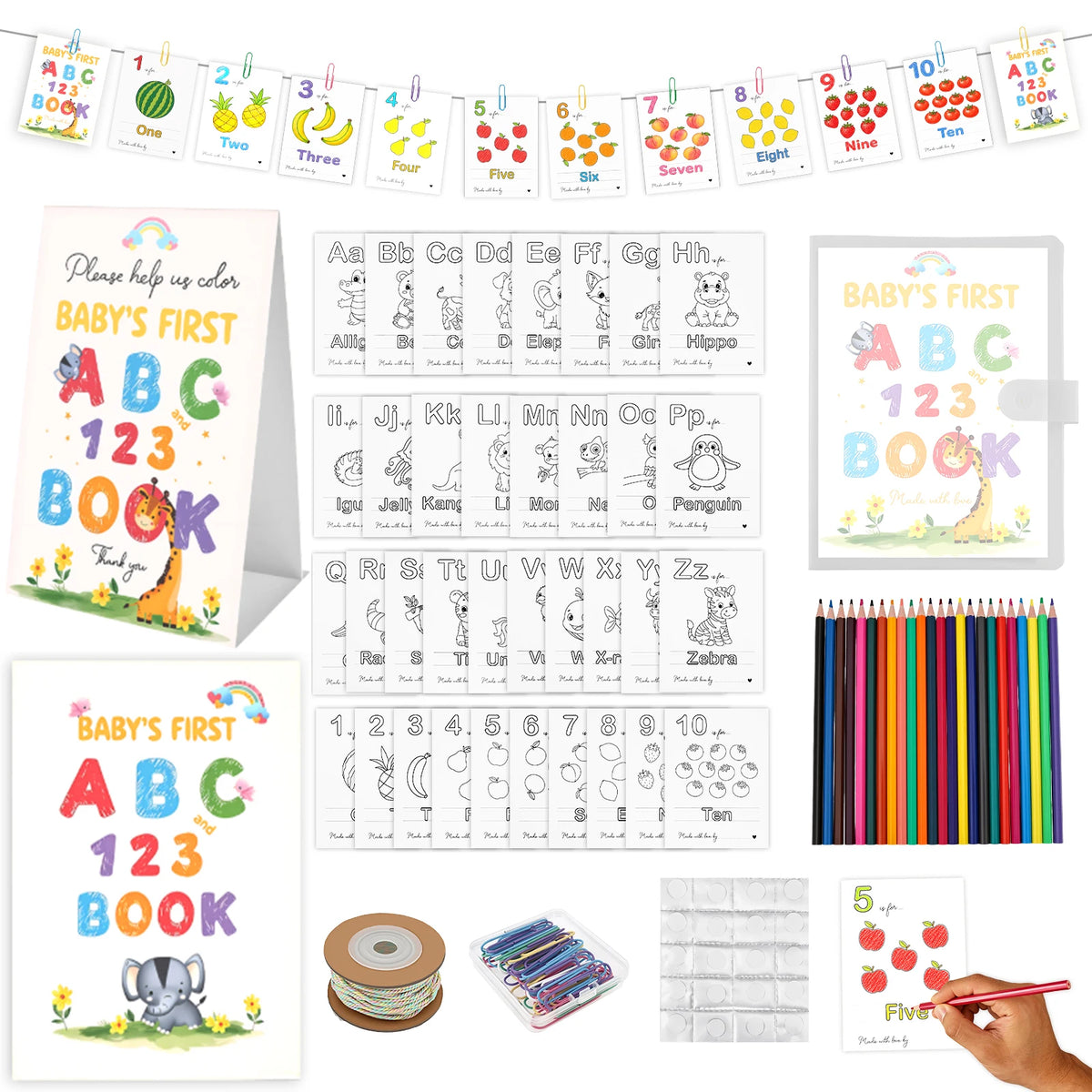 Montessori ABC & 123 Baby Shower Guest Book Coloring Kit Educational Activity Kit Nixie