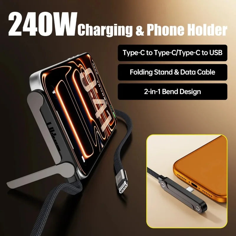 240W USB-C Fast Charging Cable with Foldable Phone Stand USB-C Charging Cable Nixie