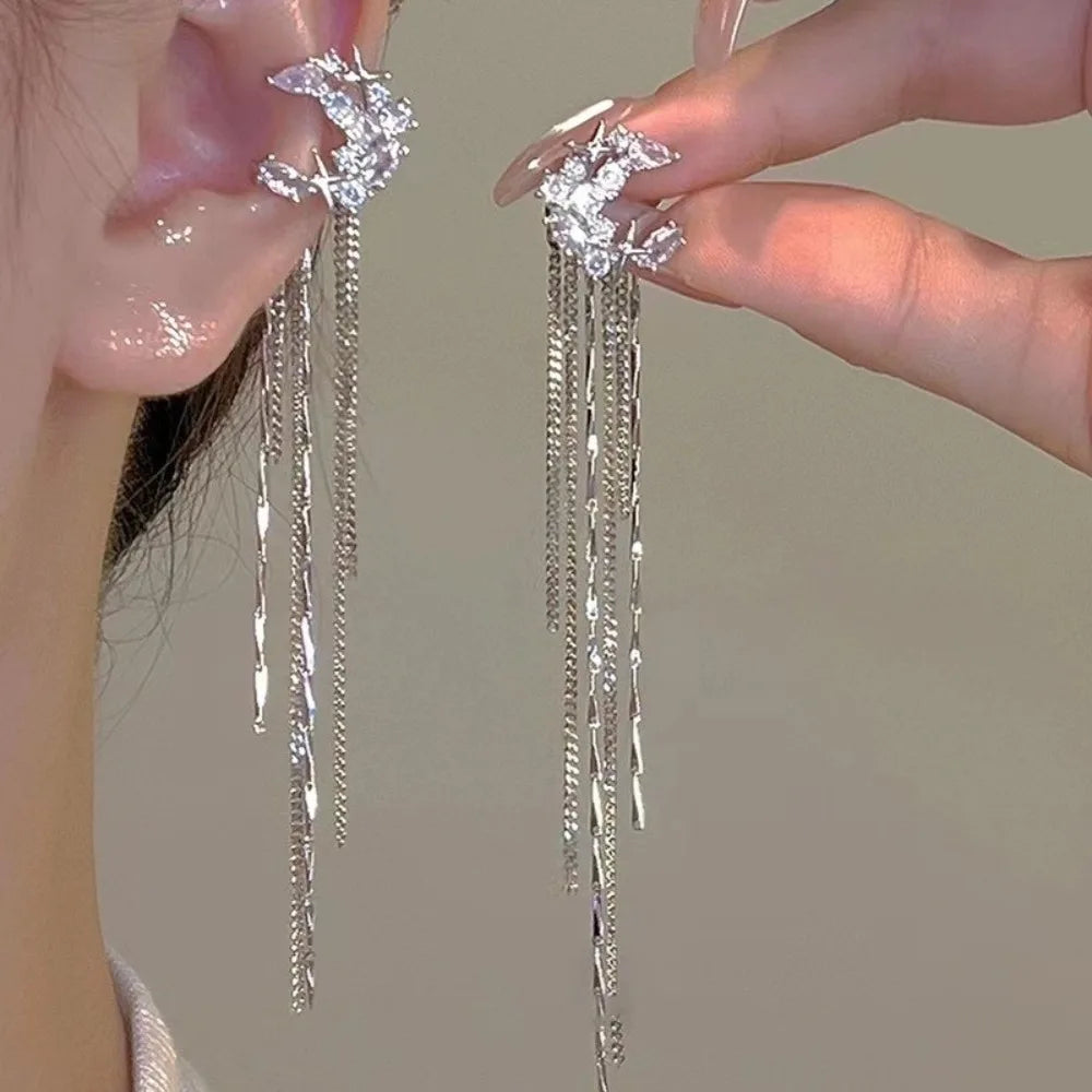Zircon Long Tassel Clip-On Ear Cuffs – No Piercing Earrings