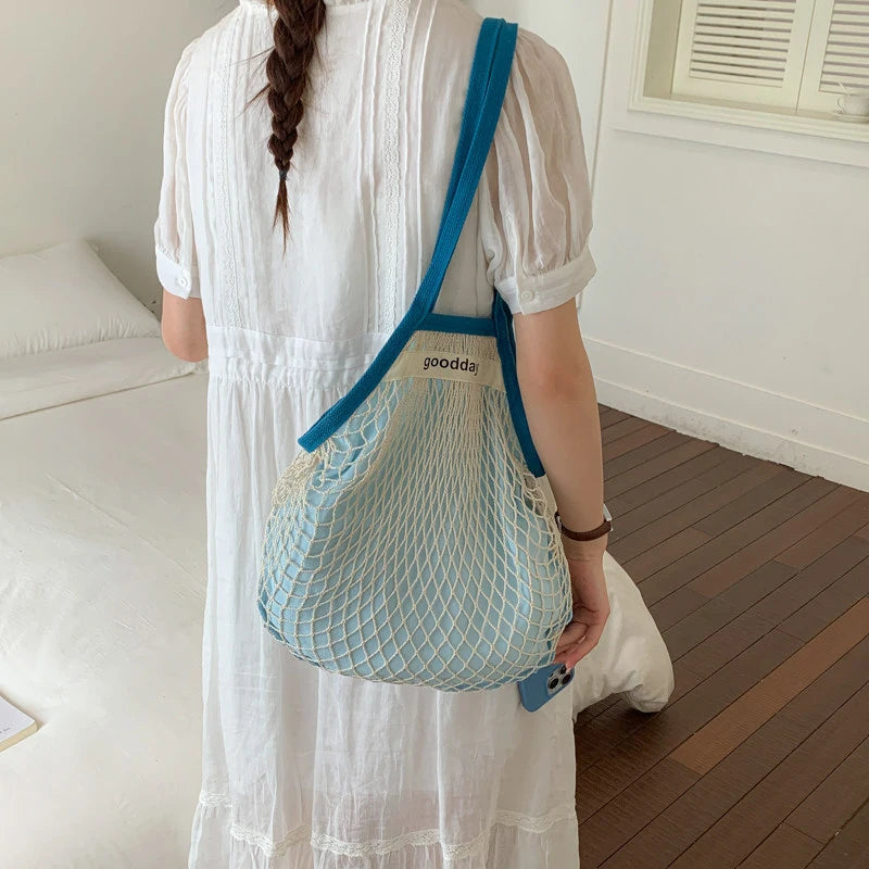 Women's Hollow Mesh Woven Tote – Large Beach Shoulder Bag