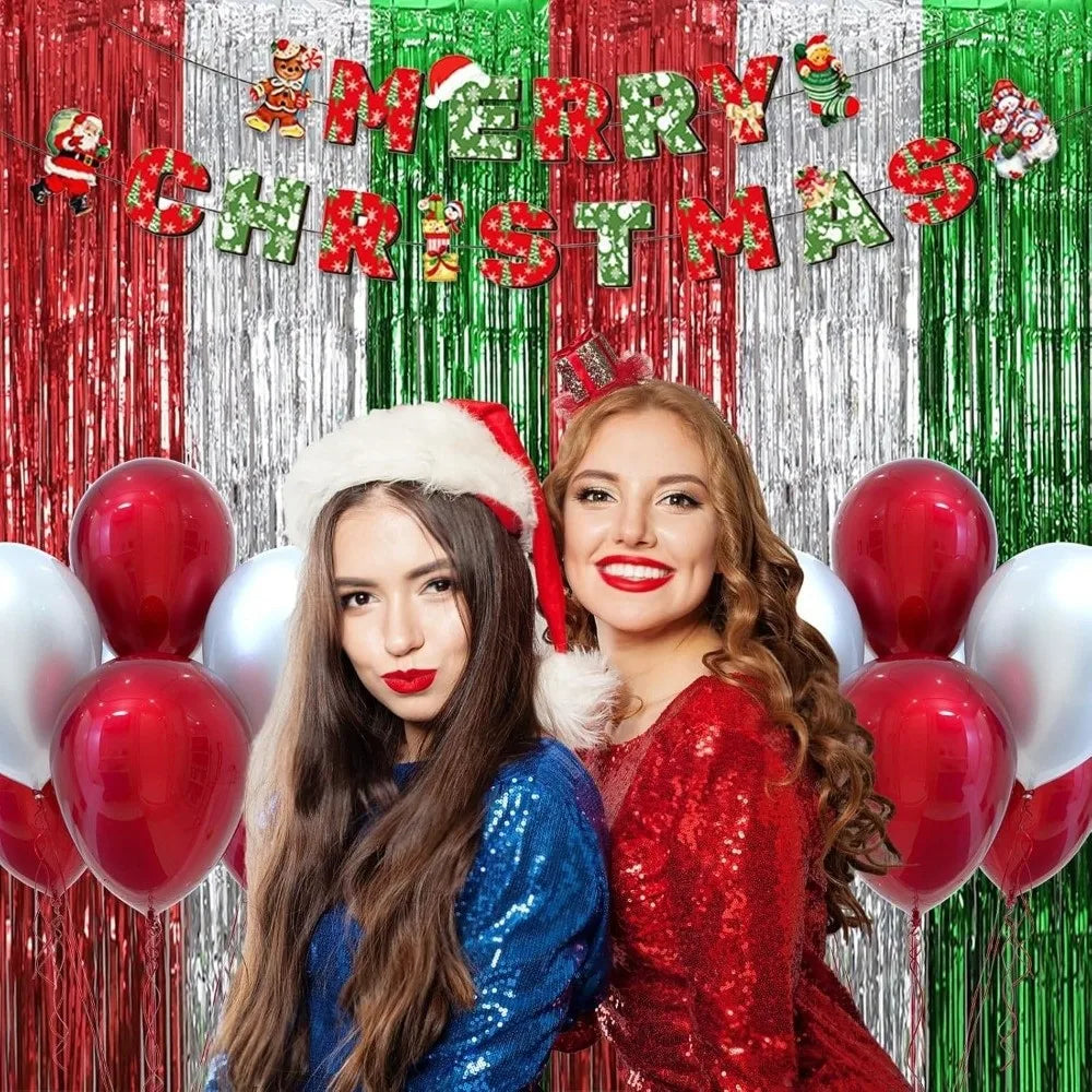 Christmas Foil Fringe Curtains | Tinsel Photo Booth Backdrop 2pc Holiday Party Decor Nixie