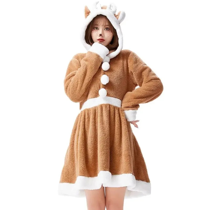 Women's Reindeer Velvet Hooded Dress – Christmas Cosplay Costume