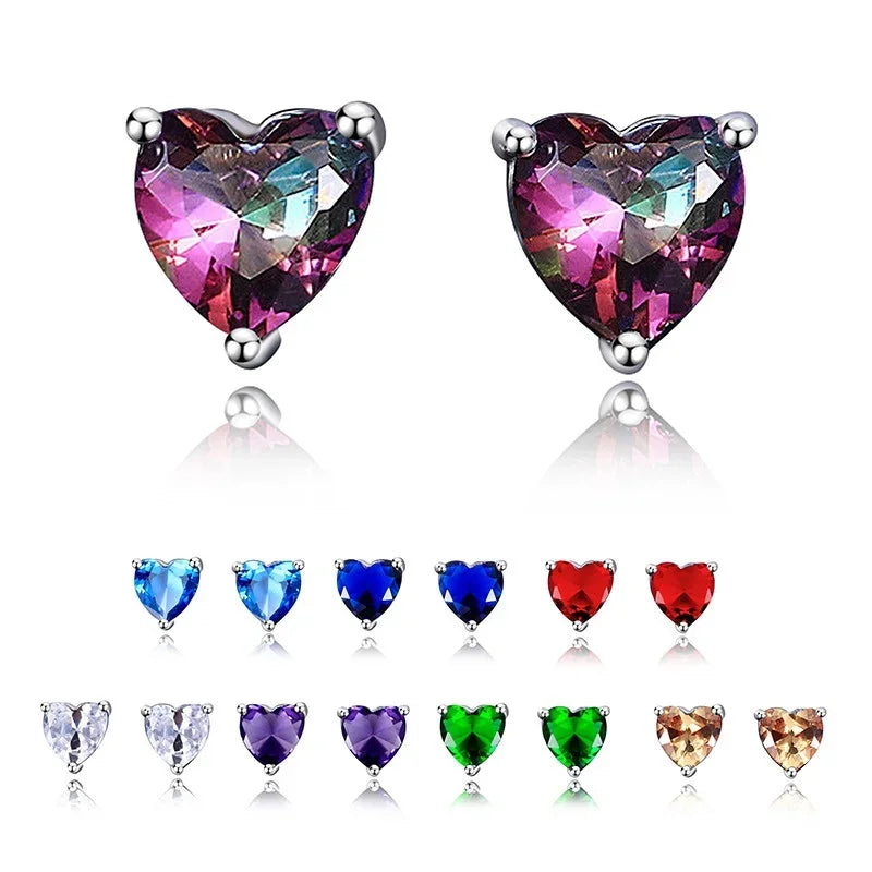 2 Pairs Heart Stud Earrings Silver-Plated with Stones for Women Stud Earrings Set Nixie