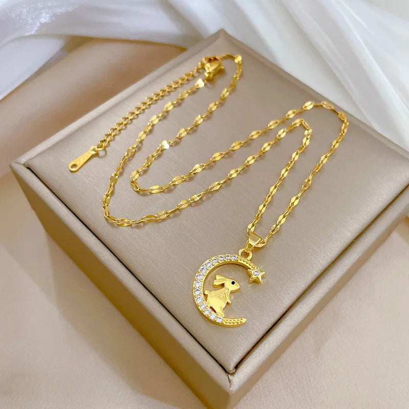 Moon Rabbit Pendant Choker Necklace | Gold Stainless Steel Pendant Choker Necklace Nixie