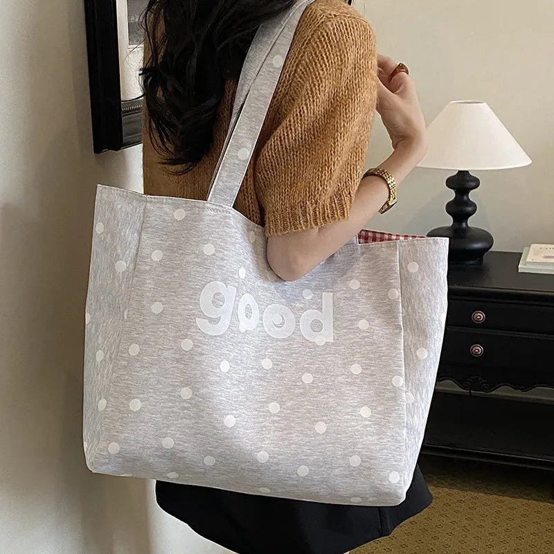 Pink Polka Dot Canvas Tote Bag – Large Capacity Shoulder Bag