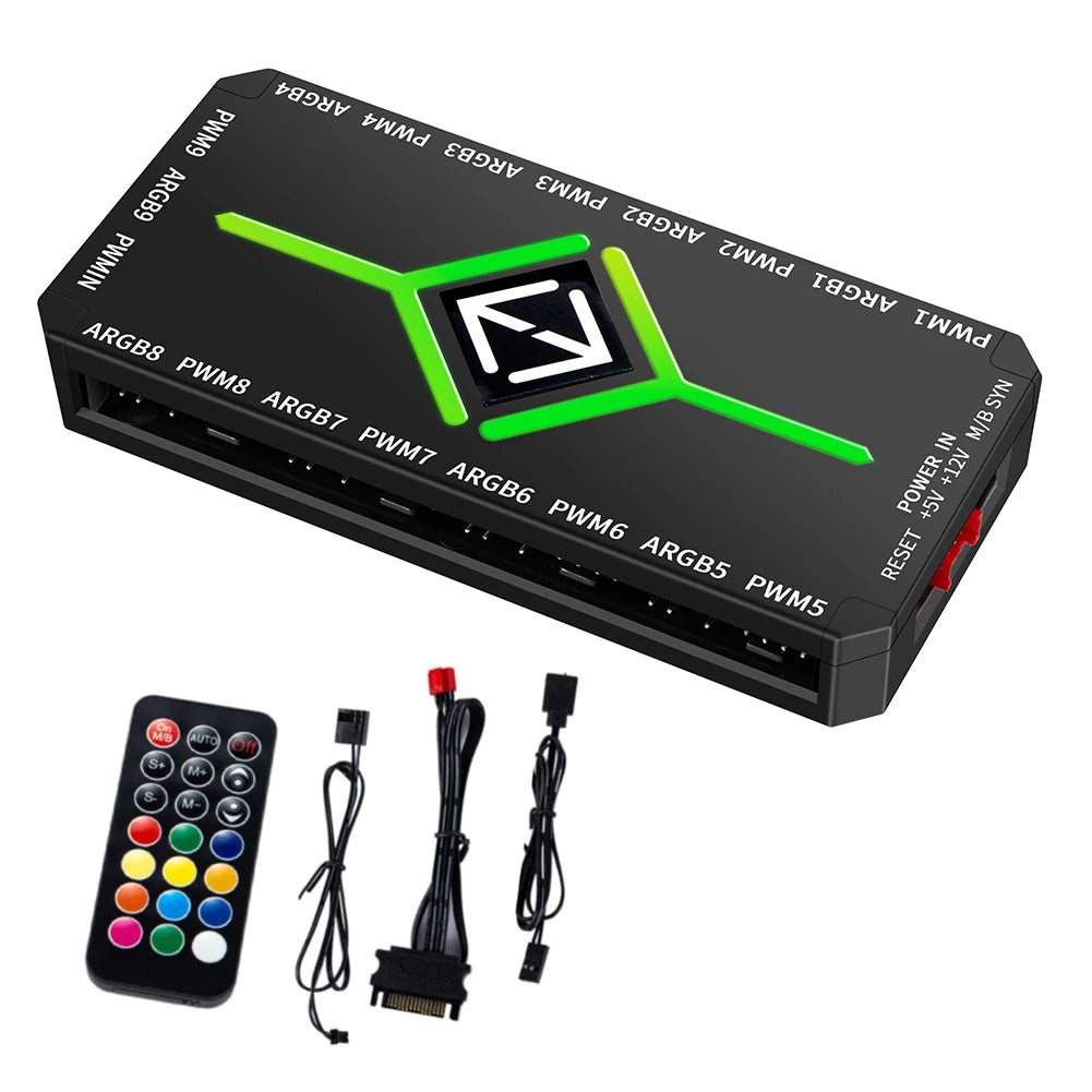 9-Port PWM ARGB Fan Hub Splitter with Remote for PC Case PWM ARGB Fan Hub Nixie black