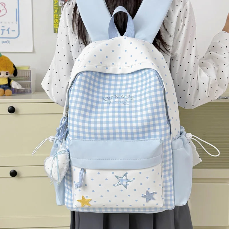 Nixie Star-Embroidered Plaid Backpack for Girls & Students