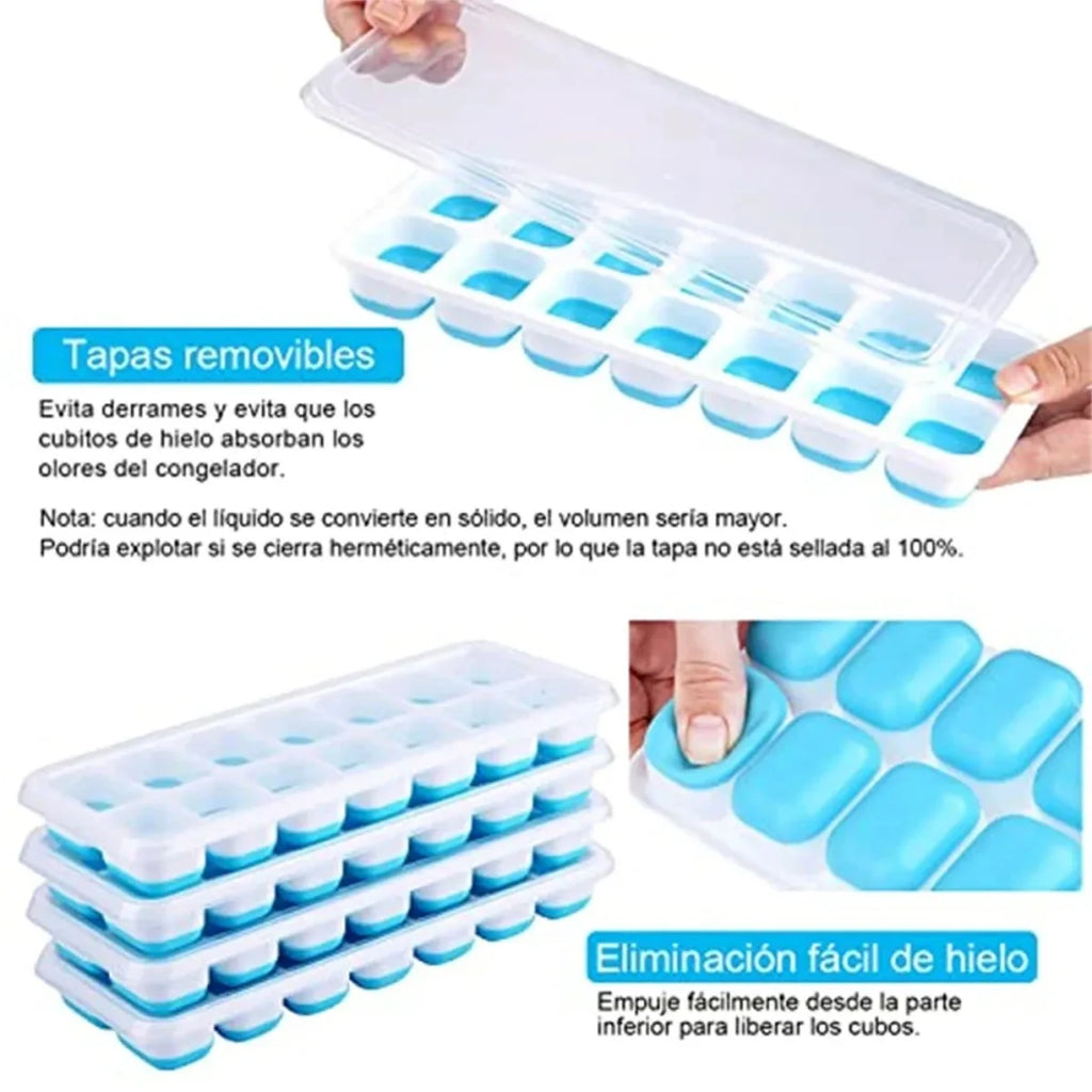 Stackable Silicone Ice Cube Trays 14-Grid with Lid – 4-Piece Set