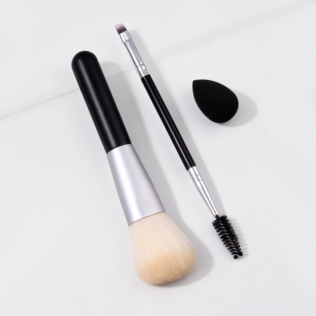 3-Piece Makeup Brush Set – Powder Brush, Eyebrow Brush & Puff Makeup Brush Set Nixie