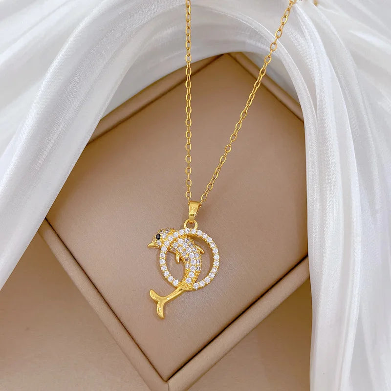 Dolphin Hoop Pendant Necklace Gold Stainless Steel Clavicle Chain Pendant Necklace Nixie