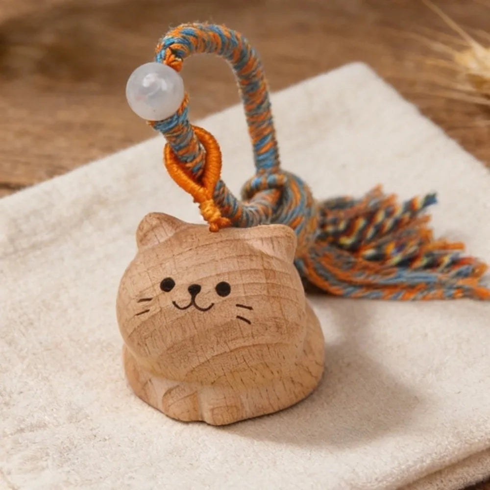 Hand Carved Wooden Cat Keychain with Tassel | Lucky Cat Wooden Cat Keychain Nixie