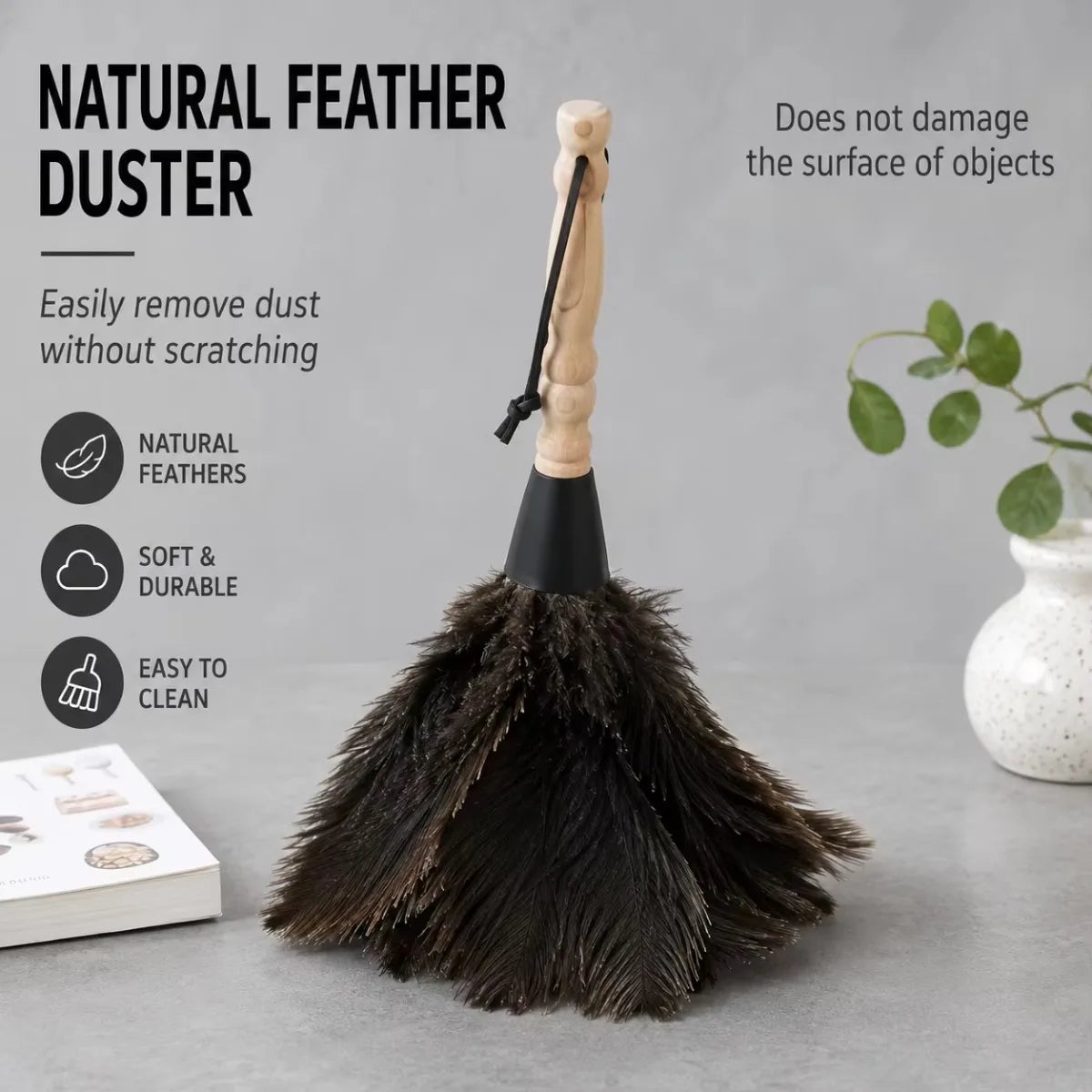 Ostrich Feather Duster Wooden Handle – Anti-Static Home Cleaning