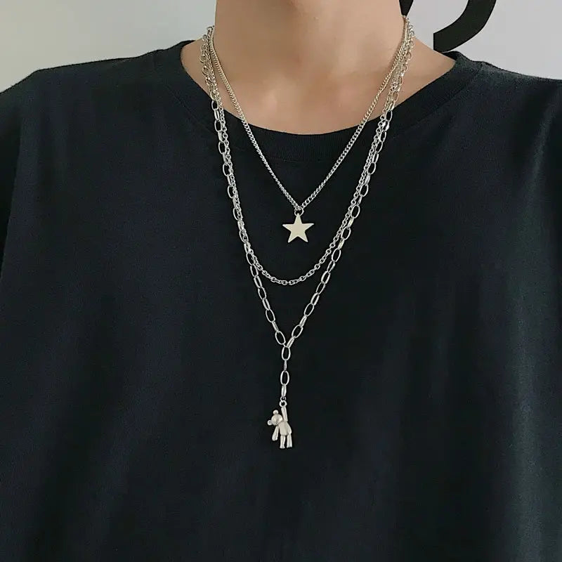 Vintage Hip Hop Rabbit Pentagram Multi-Layer Pendant Necklace Pendant Necklace Nixie